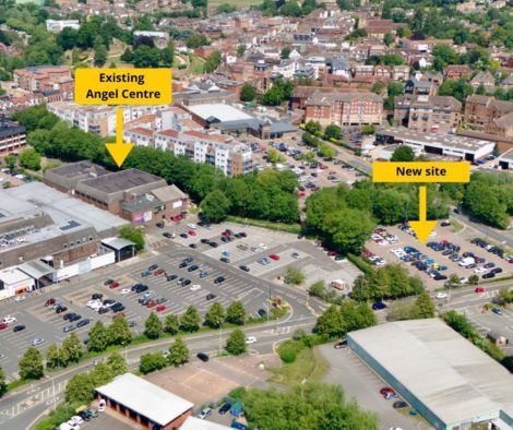 This is an aerial image showing the existing site of the Angel Centre in Tonbridge and the proposed new site.