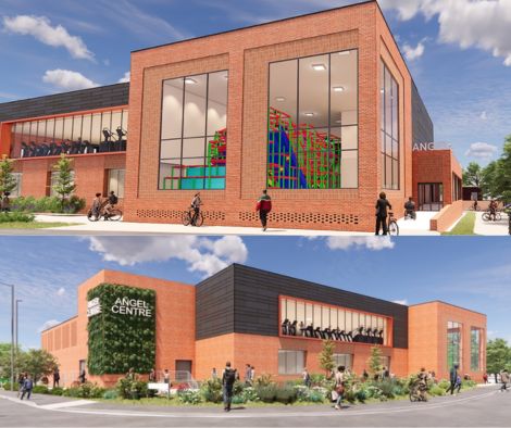 CGI images of the proposed new Angel Centre in Tonbridge, which isa red brick-built building, with large rectangular windows and a living wall on one corner.