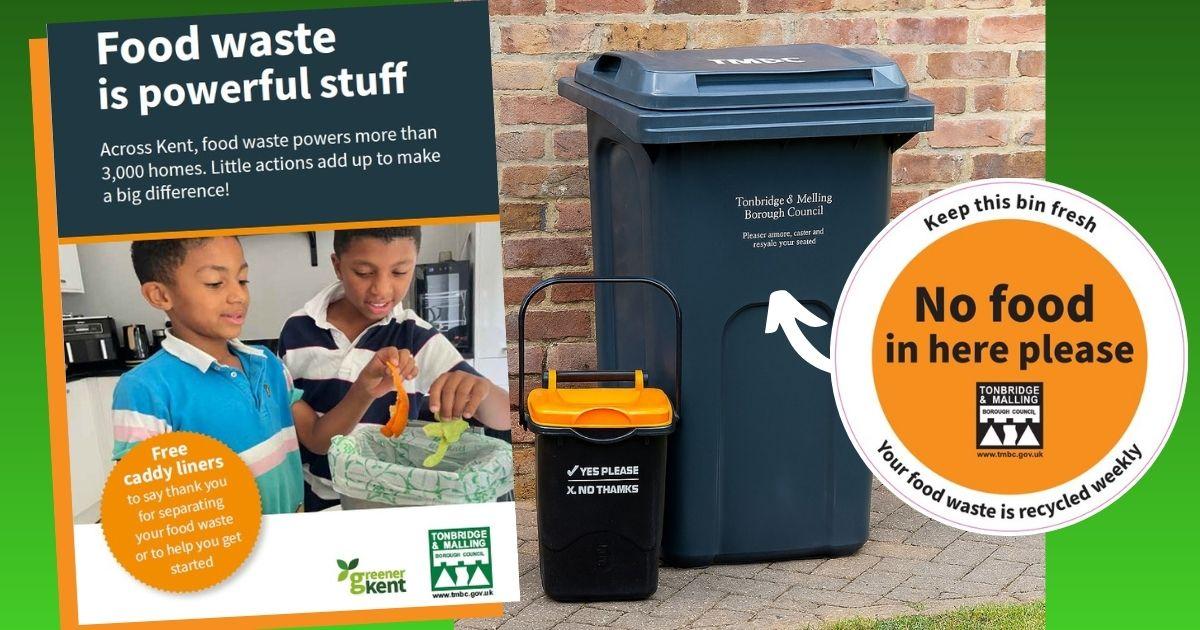 Image showing an orange sticker reading No Food In Here Please, with an arrow pointing to a black bin, and a cut out image of the front of a leaflet about how to recycle food waste in Tonbridge and Malling