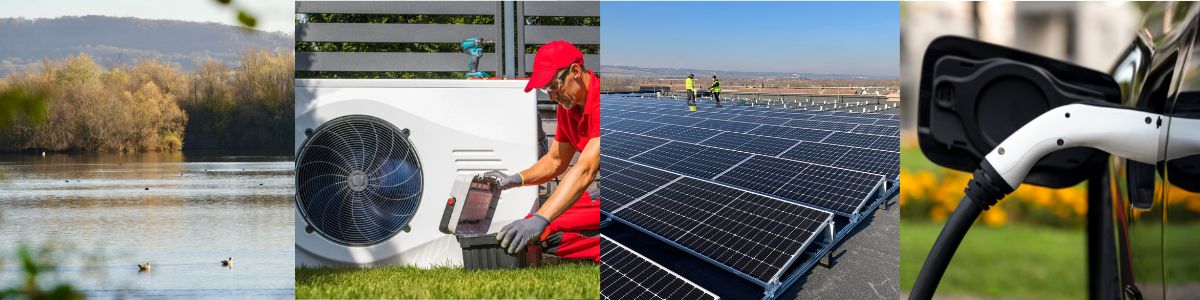 Climate and environment home page image showing lakes, heat pump, solar and ev charger