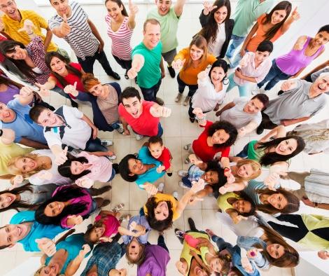 A group of people looking up, viewed from above