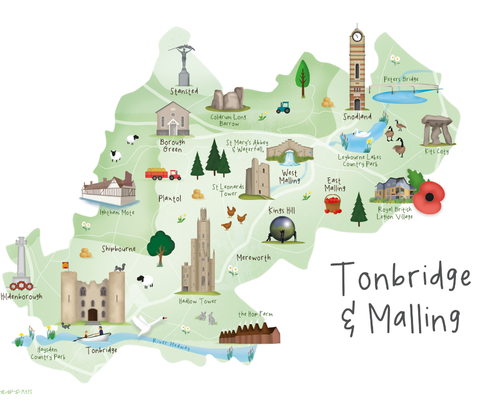 Map of Tonbridge and Malling showing notable landmarks.