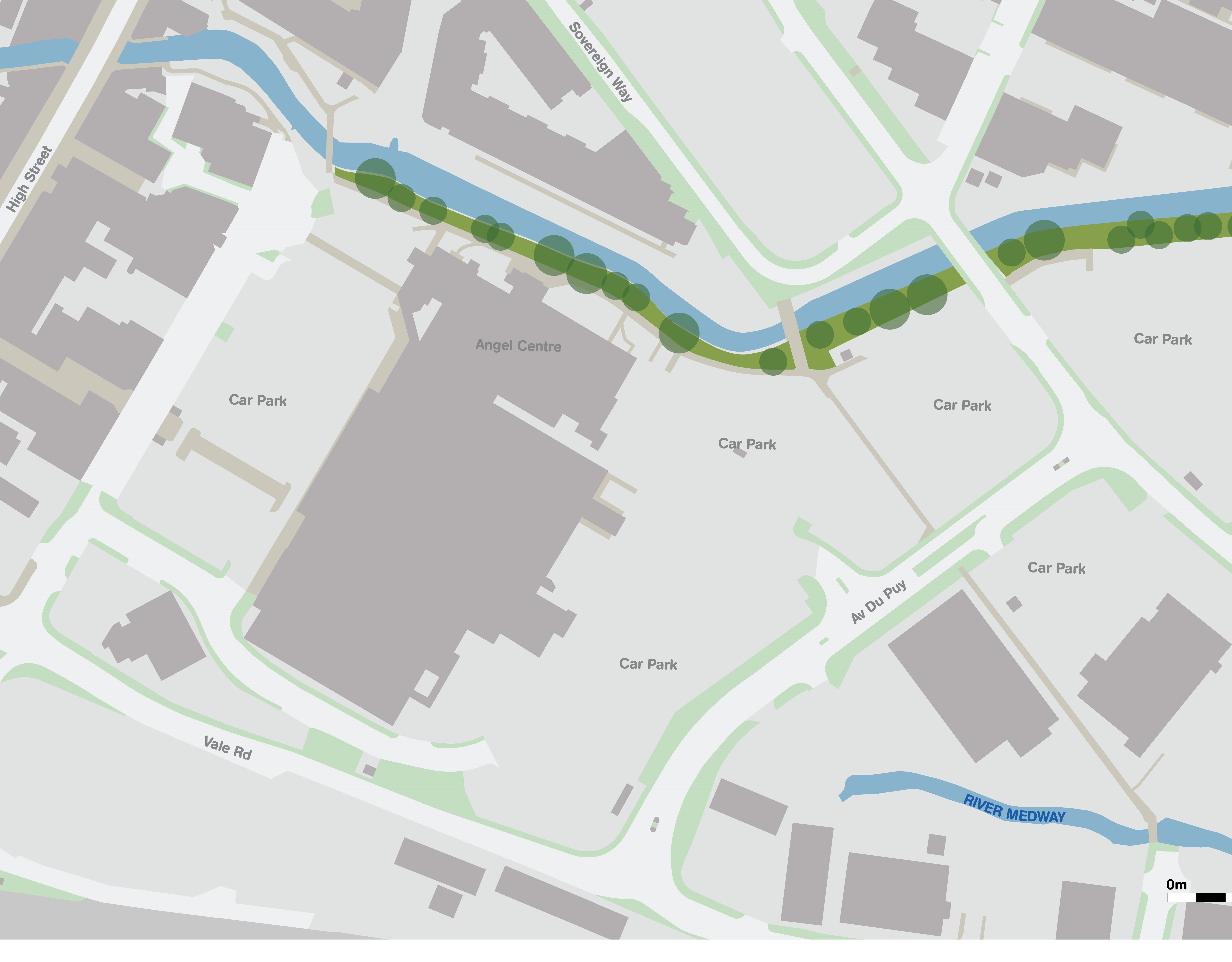 Map of Tonbridge Town Centre, showing the Angel Centre and local car parks