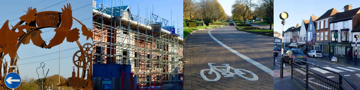 Banner showing pictures of St Peters Village, a development under construction, a cycle lane and West Malling High Street