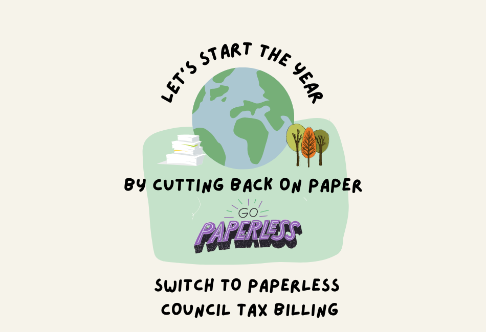 Let's start the new year by cutting back on paper graphic with the earth, paper and trees