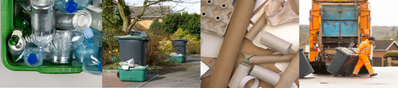 Banner showing bottles, cardboard and bins out for waste collection