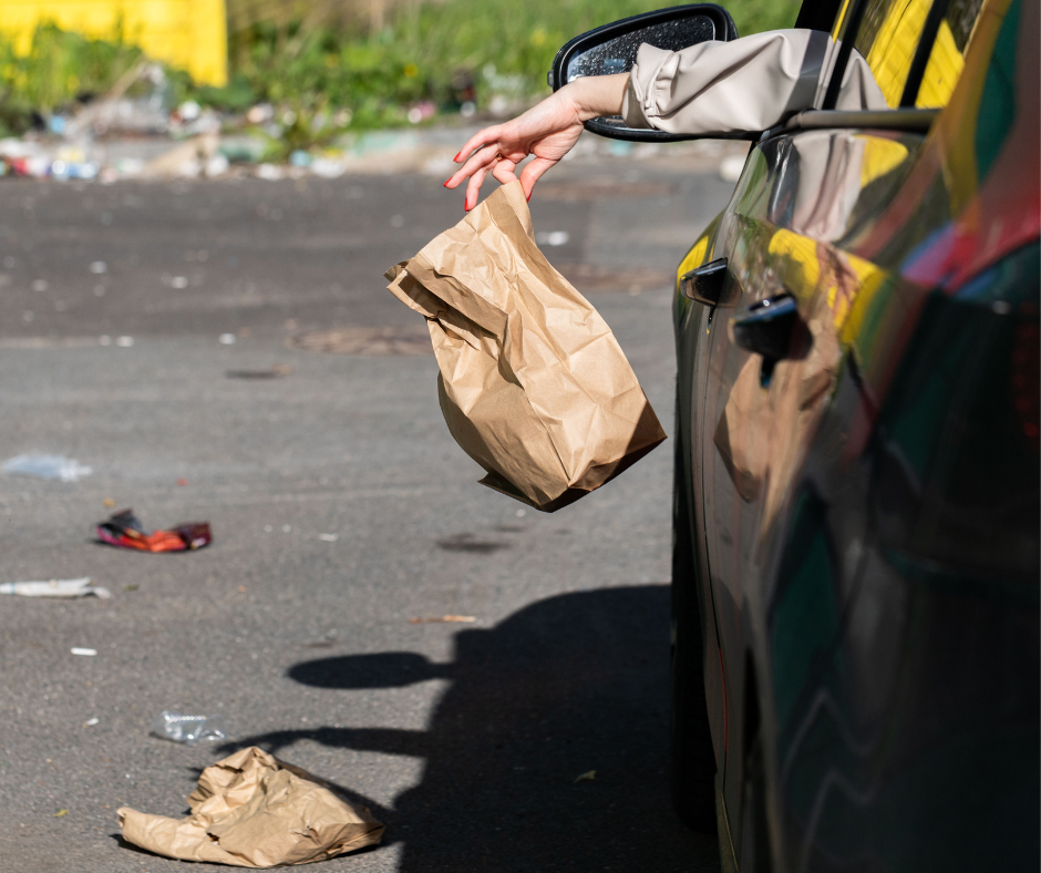 A fast food bag being dropped from a car window.