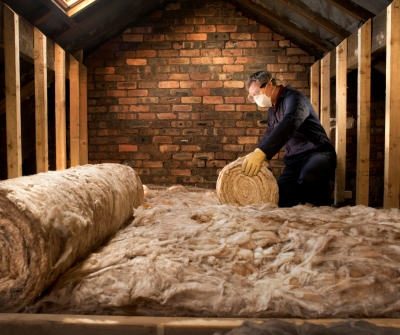 A man unrolls loft insulation.