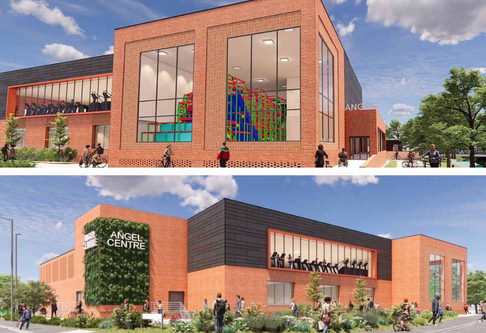 Artist impression of the new angel centre, a red bricked building with large windows