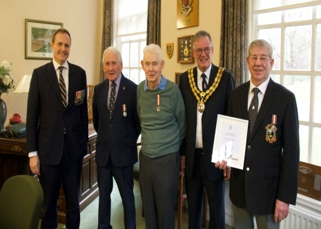 Nuclear testing veteran medal presentation - Tom tugendhat MP, Ian Kury, Mayor James Lark, Terry Quinlan
