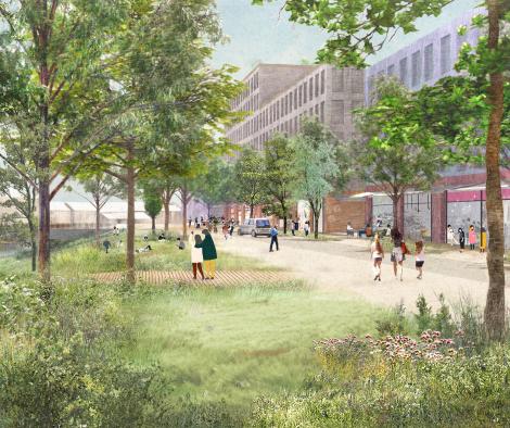 An artist's impression of the area of Tonbridge next to the river with trees and people walking about enjoying the riverside.