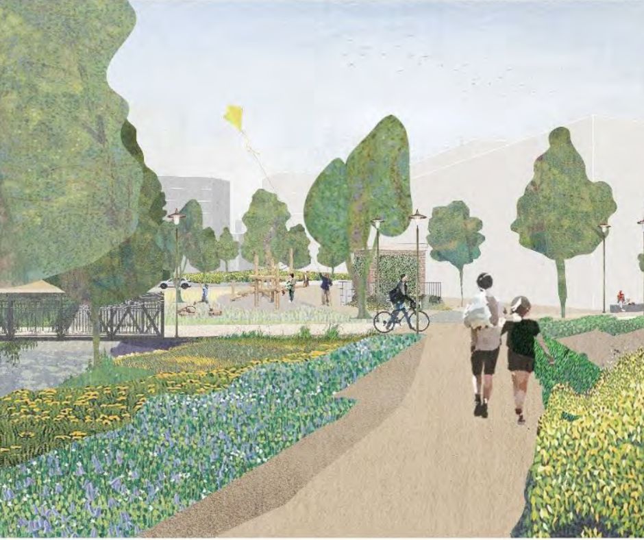 An artists impression of the new riverside park area in Tonbridge.
