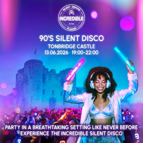 Silent disco poster, showing a lady dancing with glow sticks outside Tonbridge Castle.