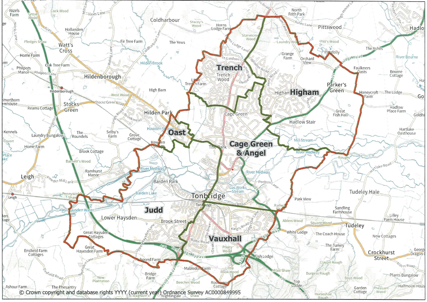 Tonbridge Reorganisation of Community Governance Order map, showing the wards of Judd, Oast, Trench, Higham, Cage Green and Angel, and Vauxhall