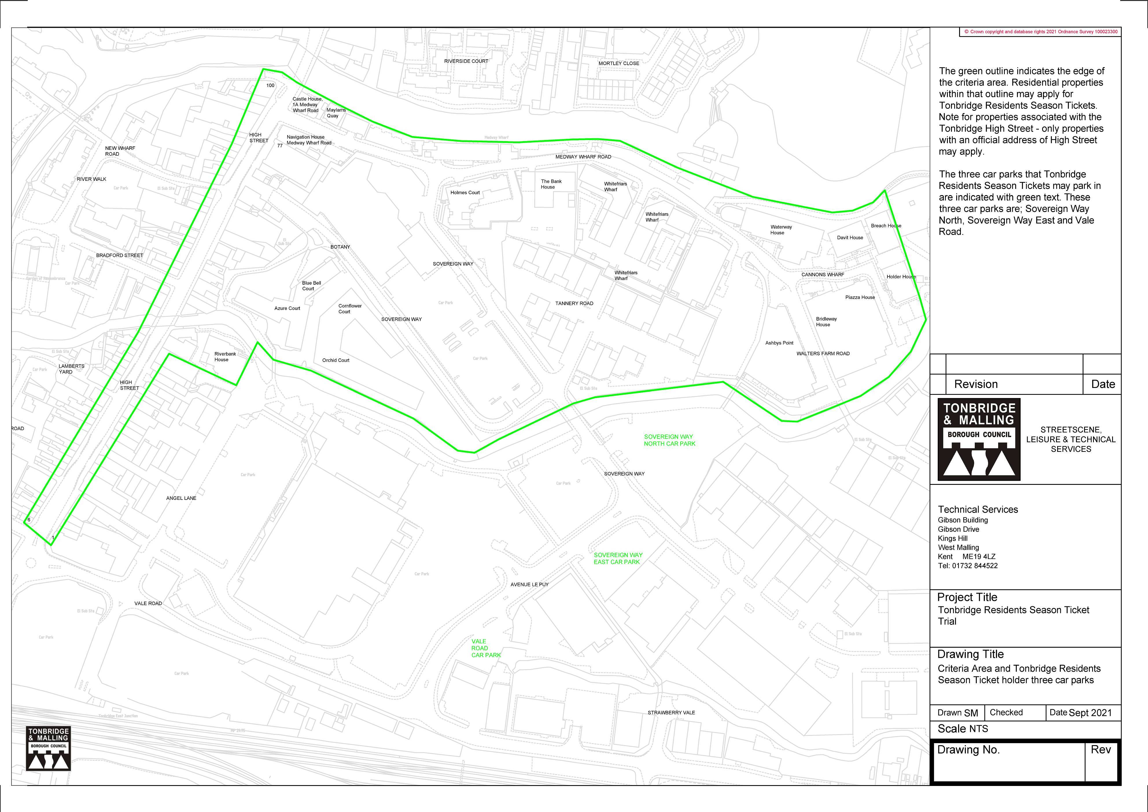 A map showing the areas of Tonbridge town centre where residents may be eligible to apply for a car park season ticket.