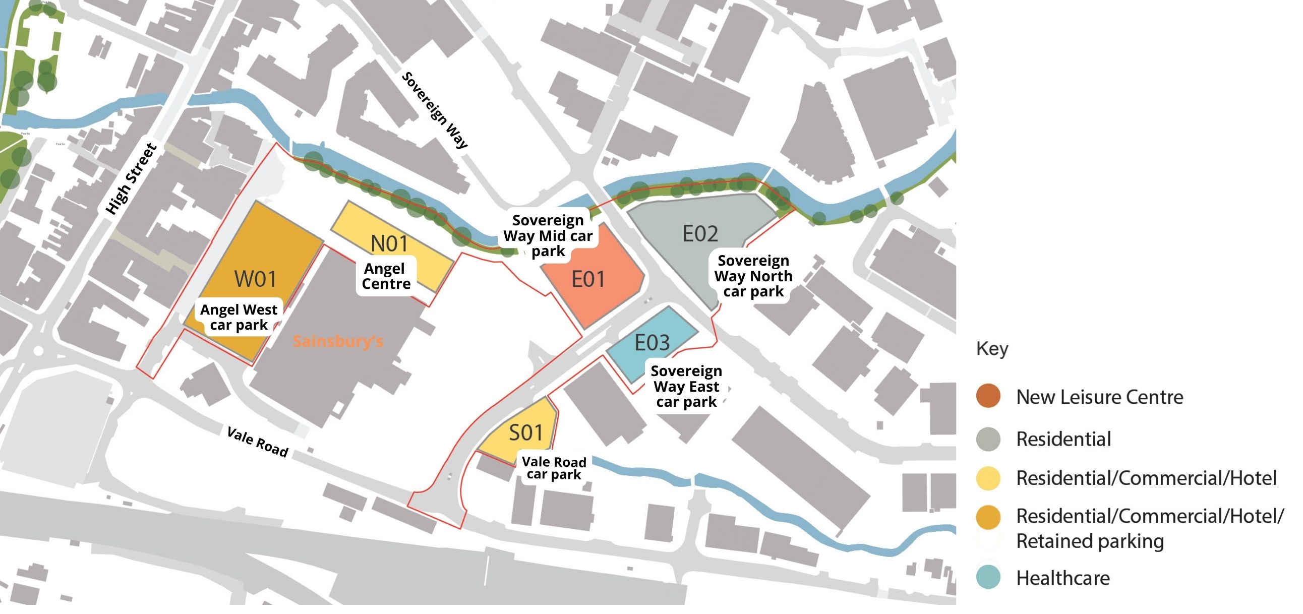 Town centre proposal map showing the uses for each area