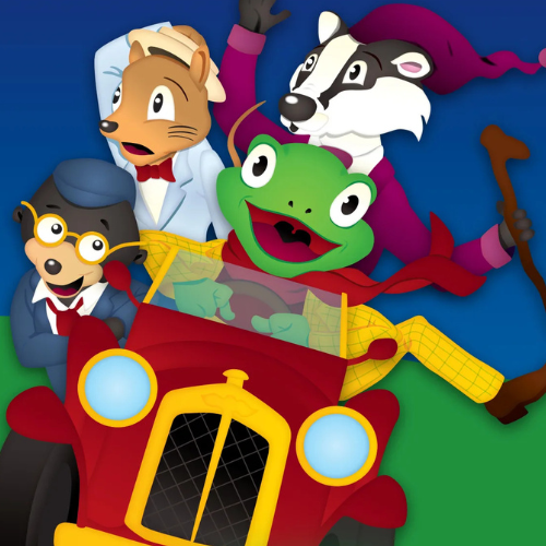Ratty, Mole and Badger racing in a car