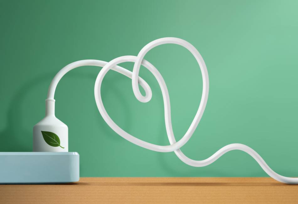 A plug with a green heart on it and the cord in a heart shape
