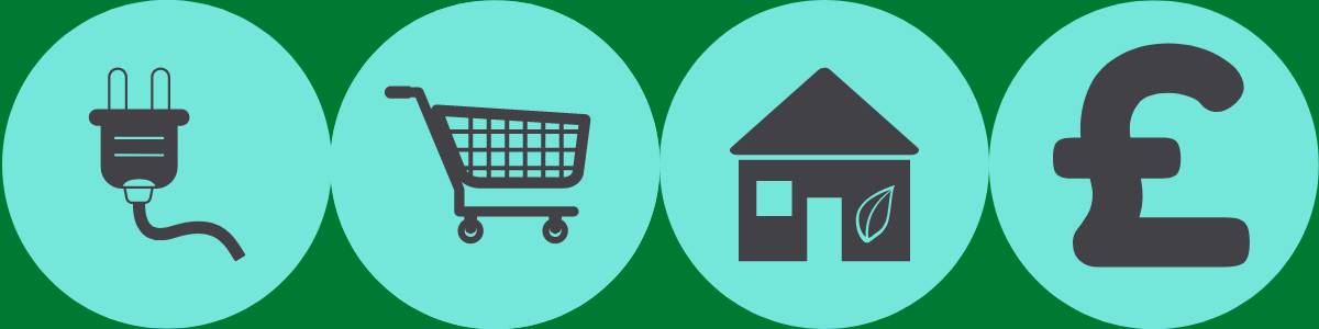 Graphic showing plug, shopping cart, house and a pound sign