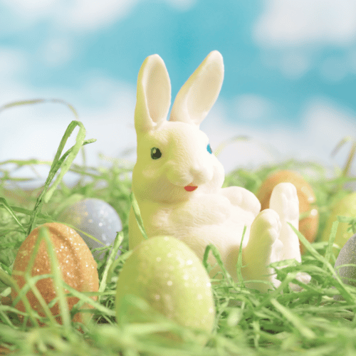 Chocolate Easter bunny and eggs sitting in grass