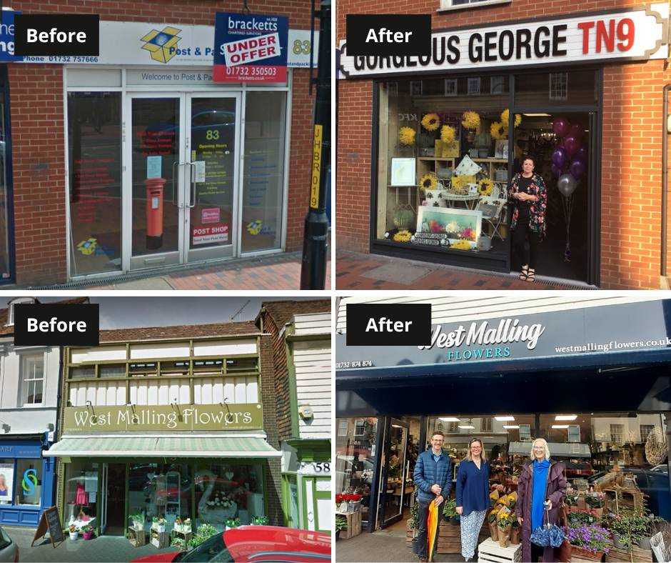Shopfronts of Gorgeous George and West Malling Flowers retail units shown before and after
